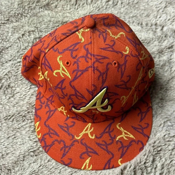 Atlanta Braves Hat New Era 59Fifty All Over Print Baseball Cap Orange 7 3/8 New - Picture 14 of 16